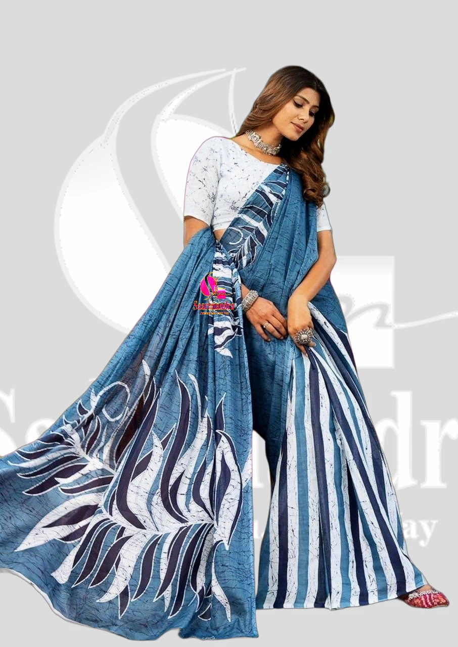 Batik Indian Premium Elegant Blue & White Batik Cotton Saree with Leaf Motifs and Striped Pallu